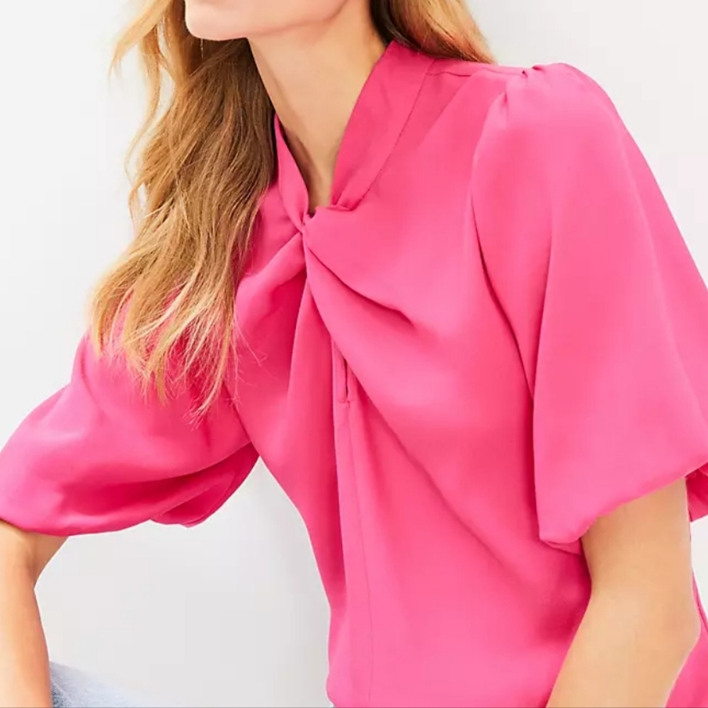 L LOFT Hot Pink Twist Front Puff Sleeve Top